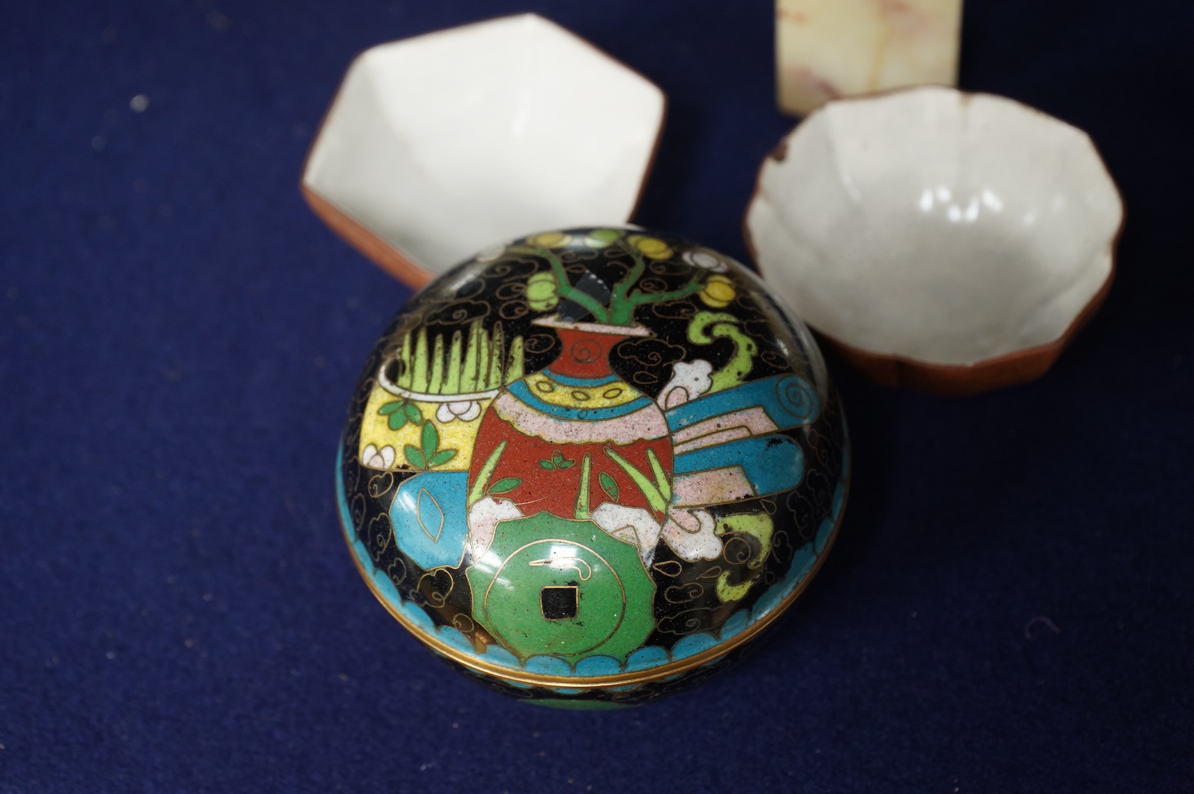 Two 18th century Yixing cups, a Chinese soapstone seal and two covered cloisonne pots, seal 11cm high